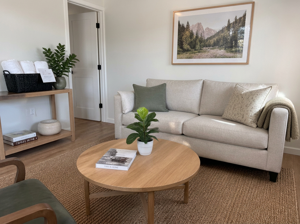 Short-term rental bedroom styled and ready for guests