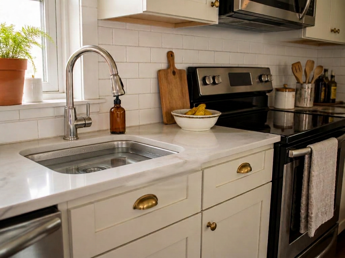 Spotless kitchen counters and sink after a deep cleaning