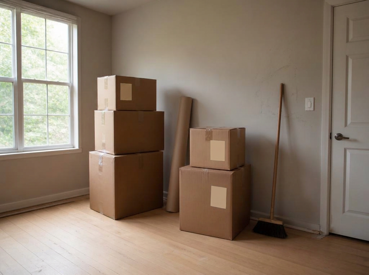 Empty home with clean wood floors and moving boxes by the door