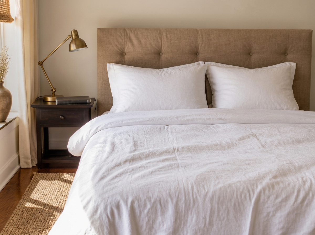 Neatly made bed with fresh linens and folded towels