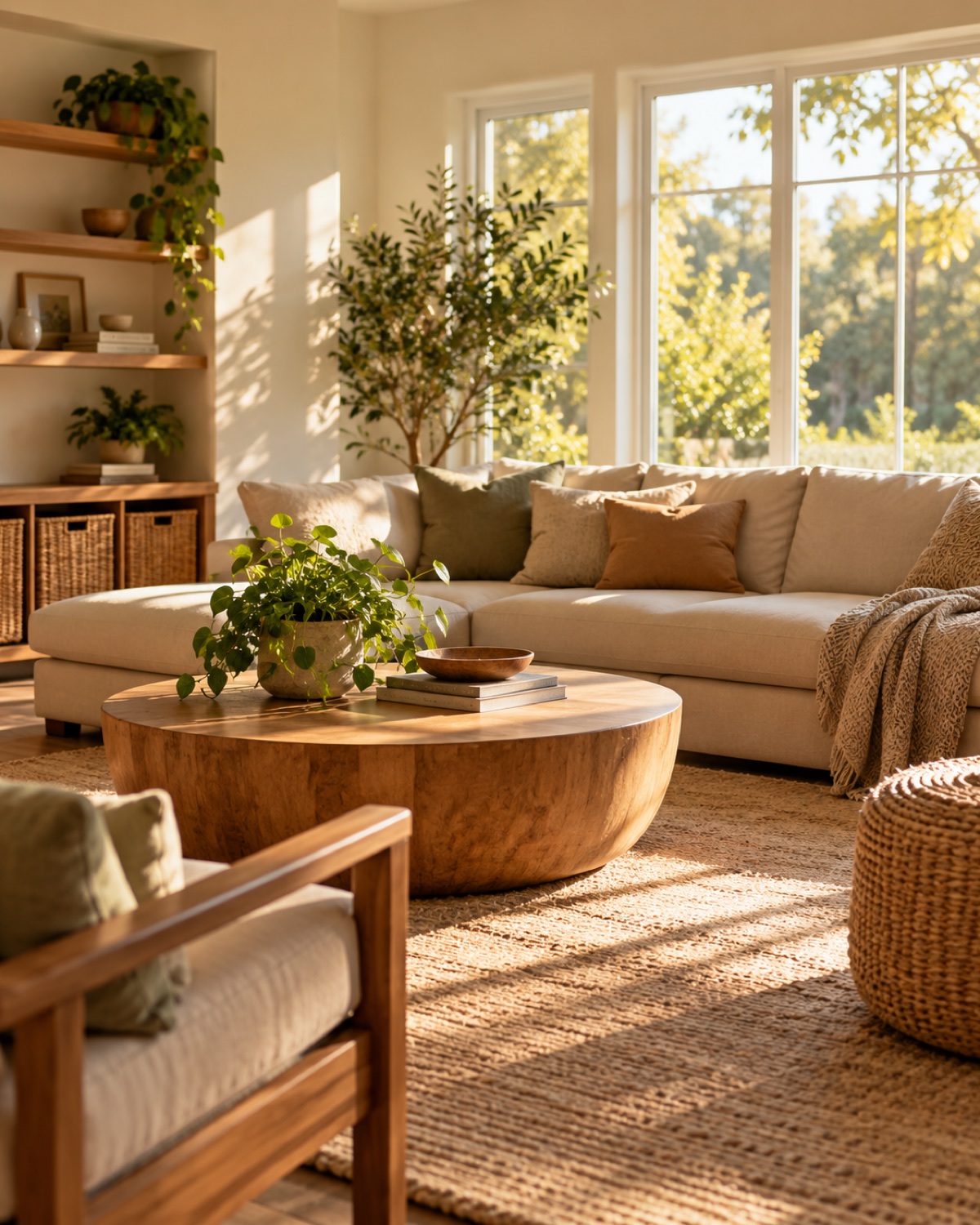 Calm clean family living room with weekend sunlight