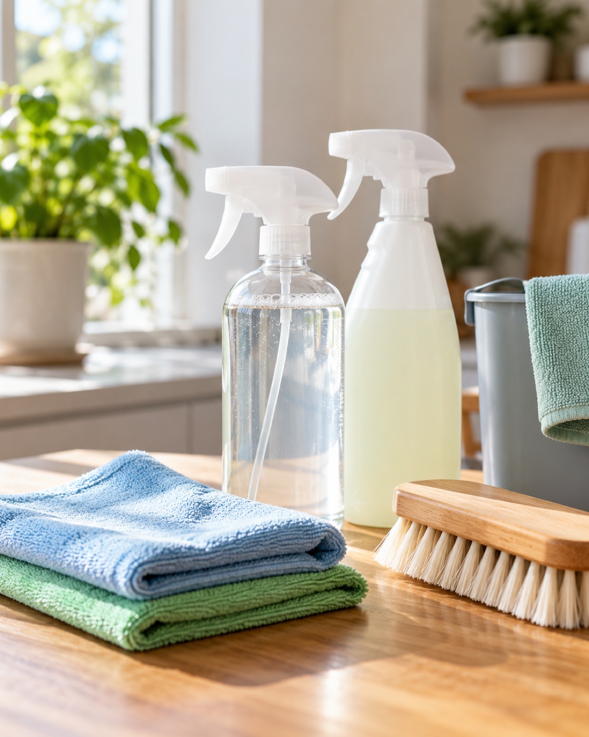 Unbranded cleaning kit with cloths and brush in a bright home