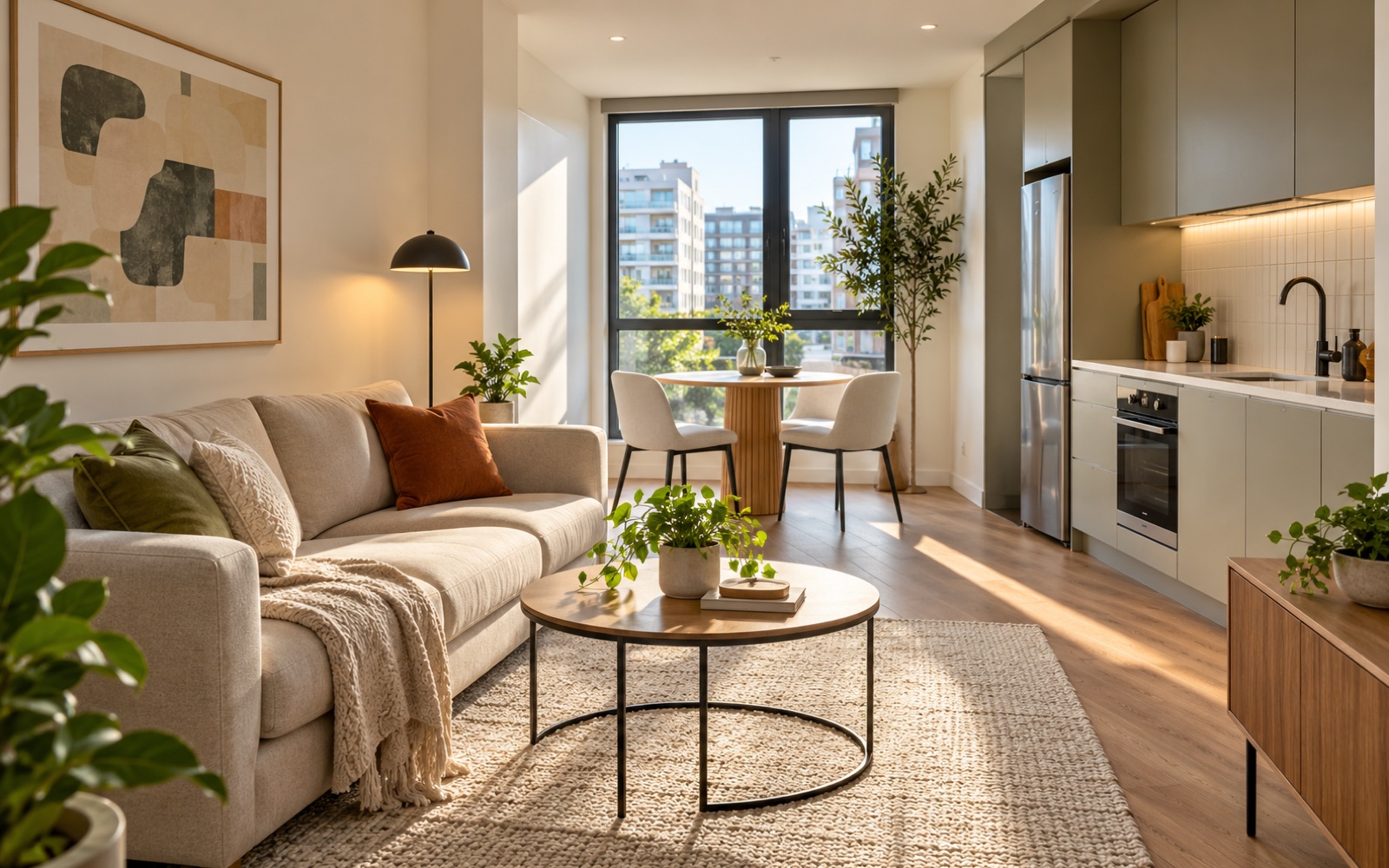 Clean compact apartment living area and kitchenette