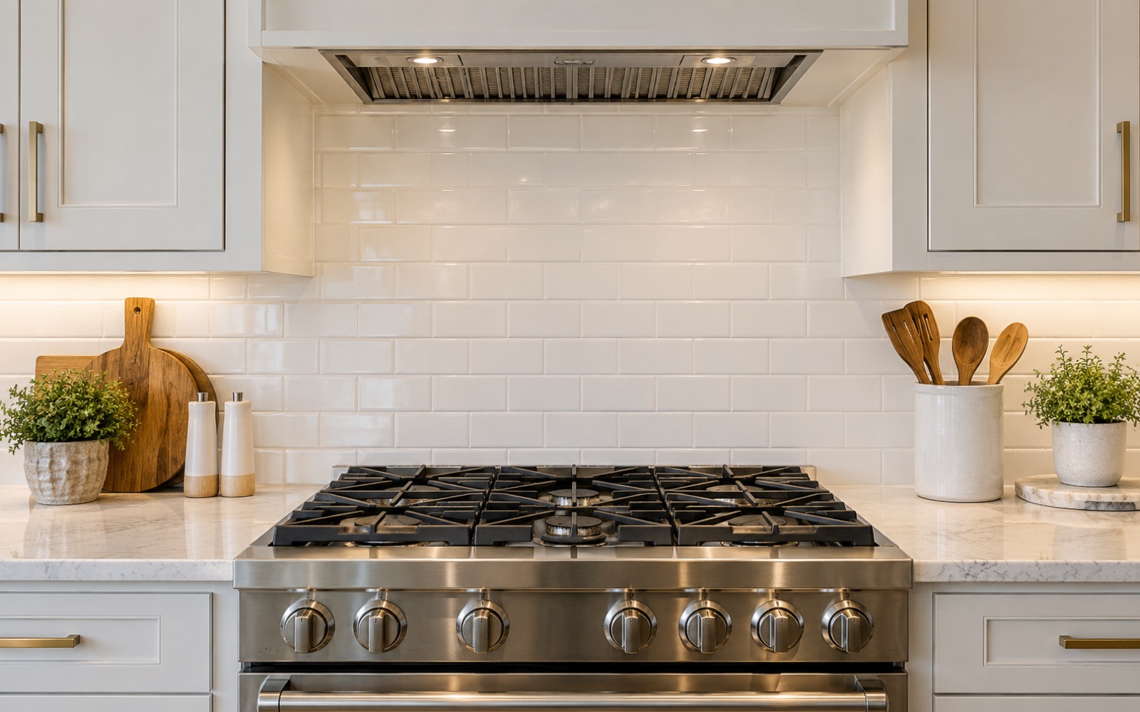 Spotless kitchen backsplash and counter near a range