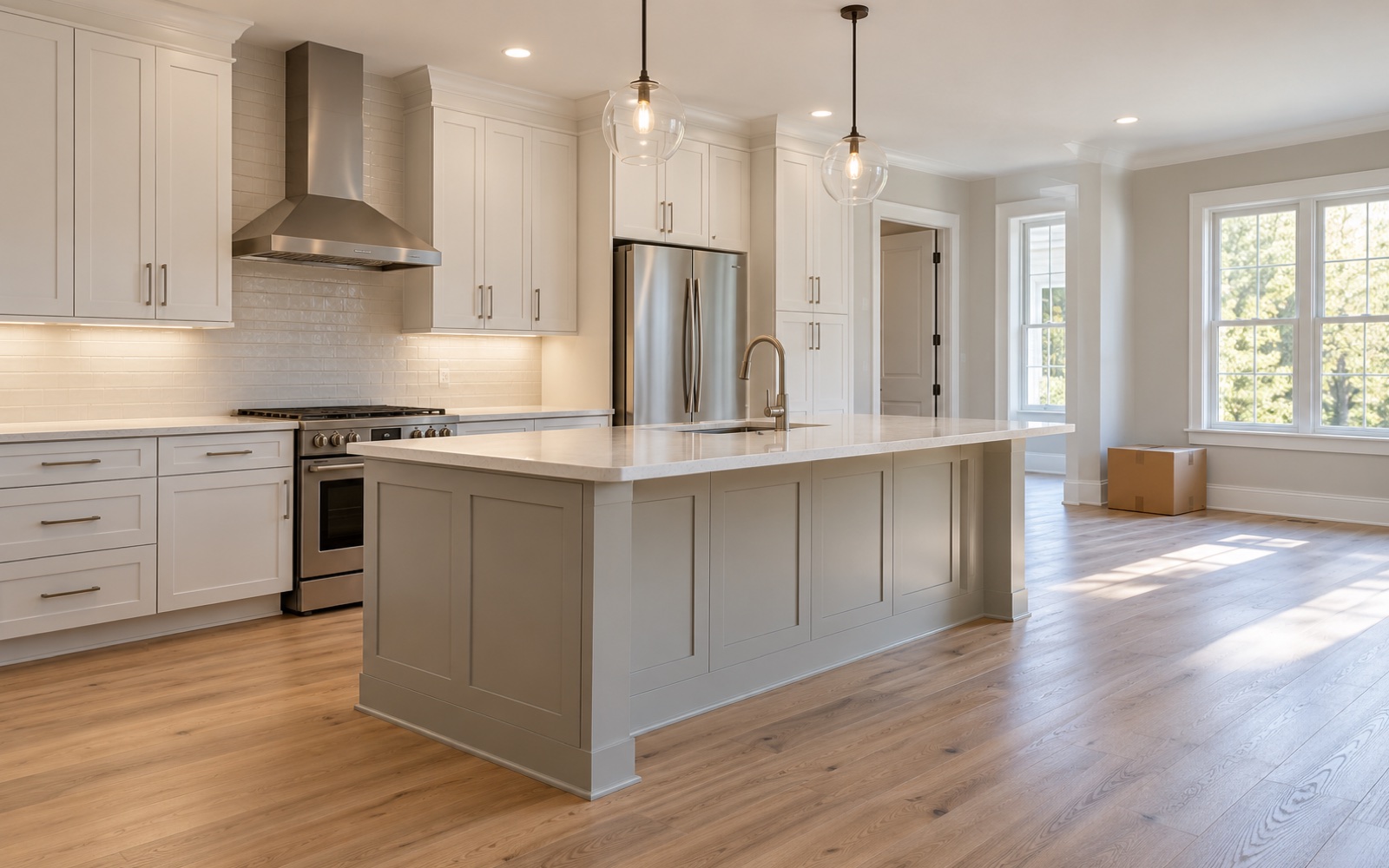 Pristine empty kitchen before a move with box in distance
