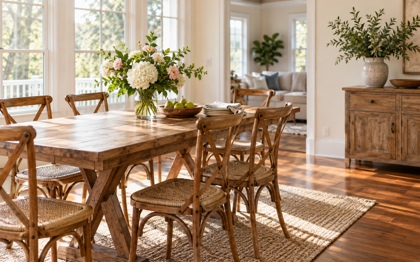 Tidy dining room with clean floor and fresh flowers