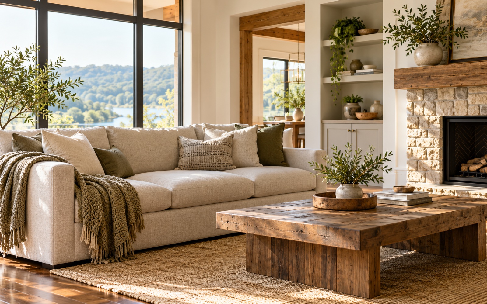 Clean family living room with a pale sofa and polished floor