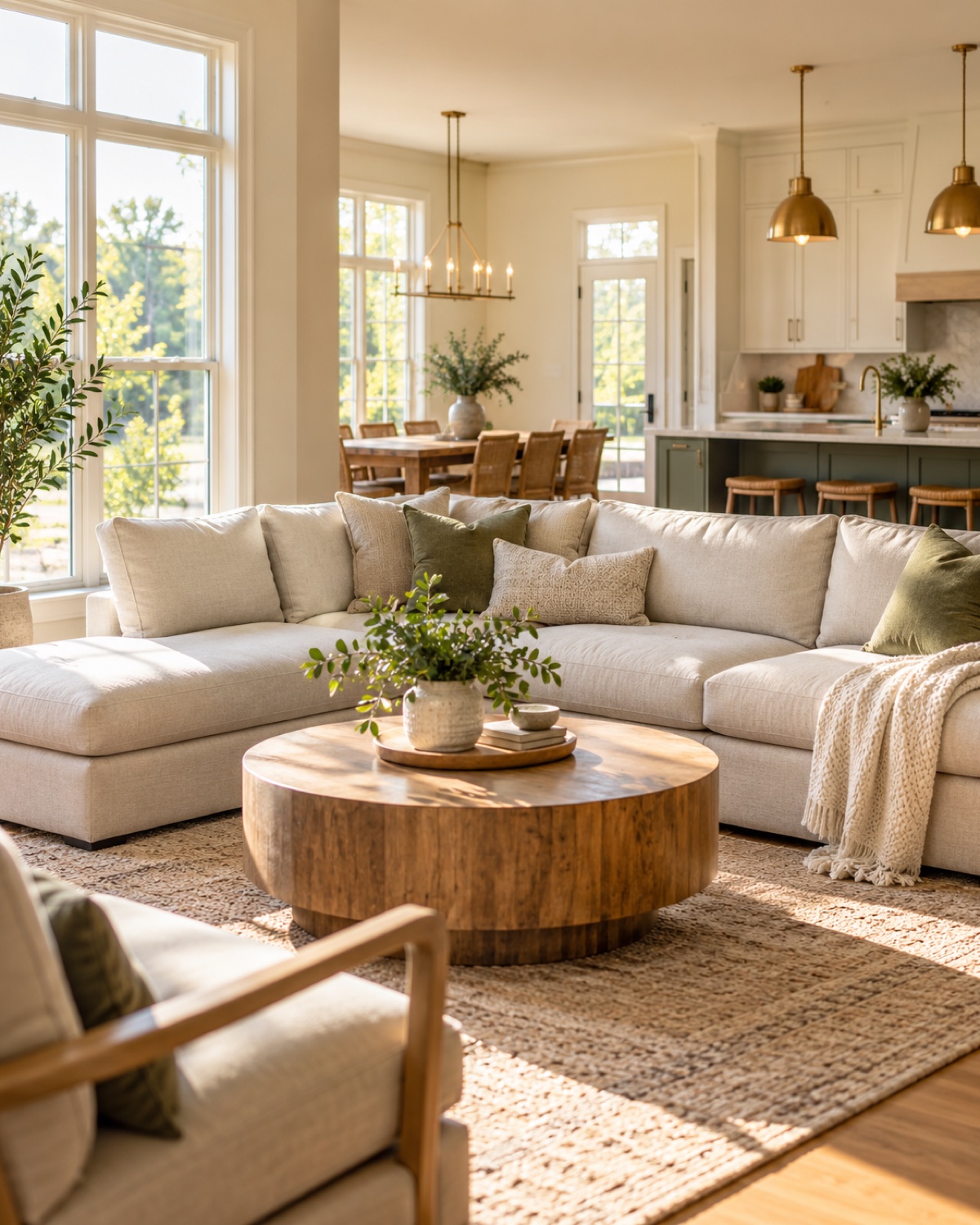 Clean sunlit family living room with soft sofa