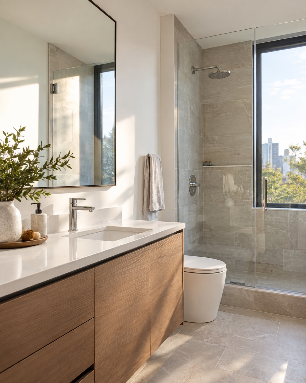 Bright apartment bathroom with clean vanity and tile