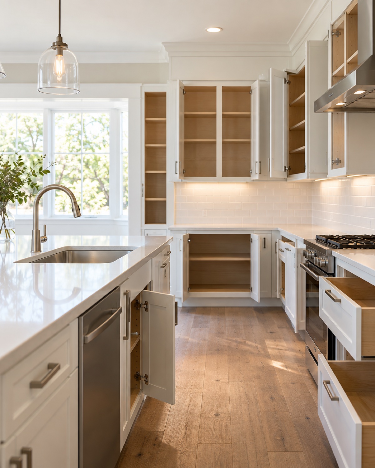 Vacant home kitchen with clean open cabinets and sink