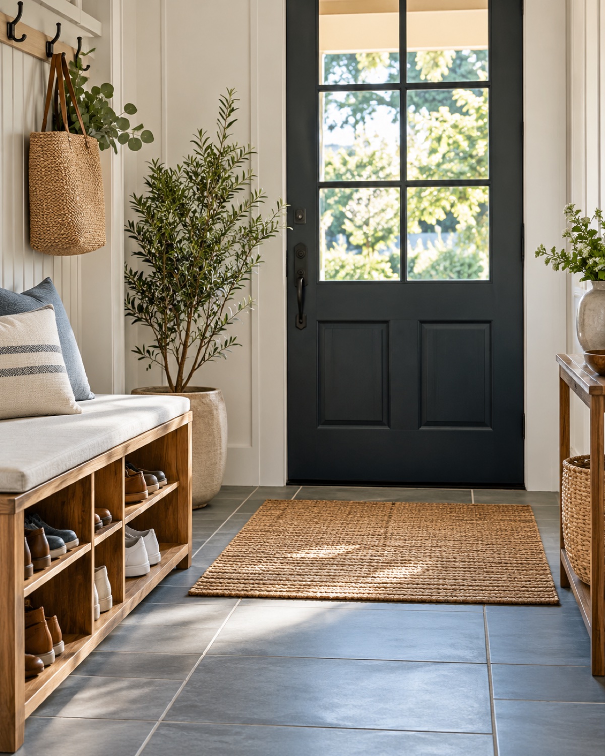 Neat home entryway with clean tile and orderly shoes
