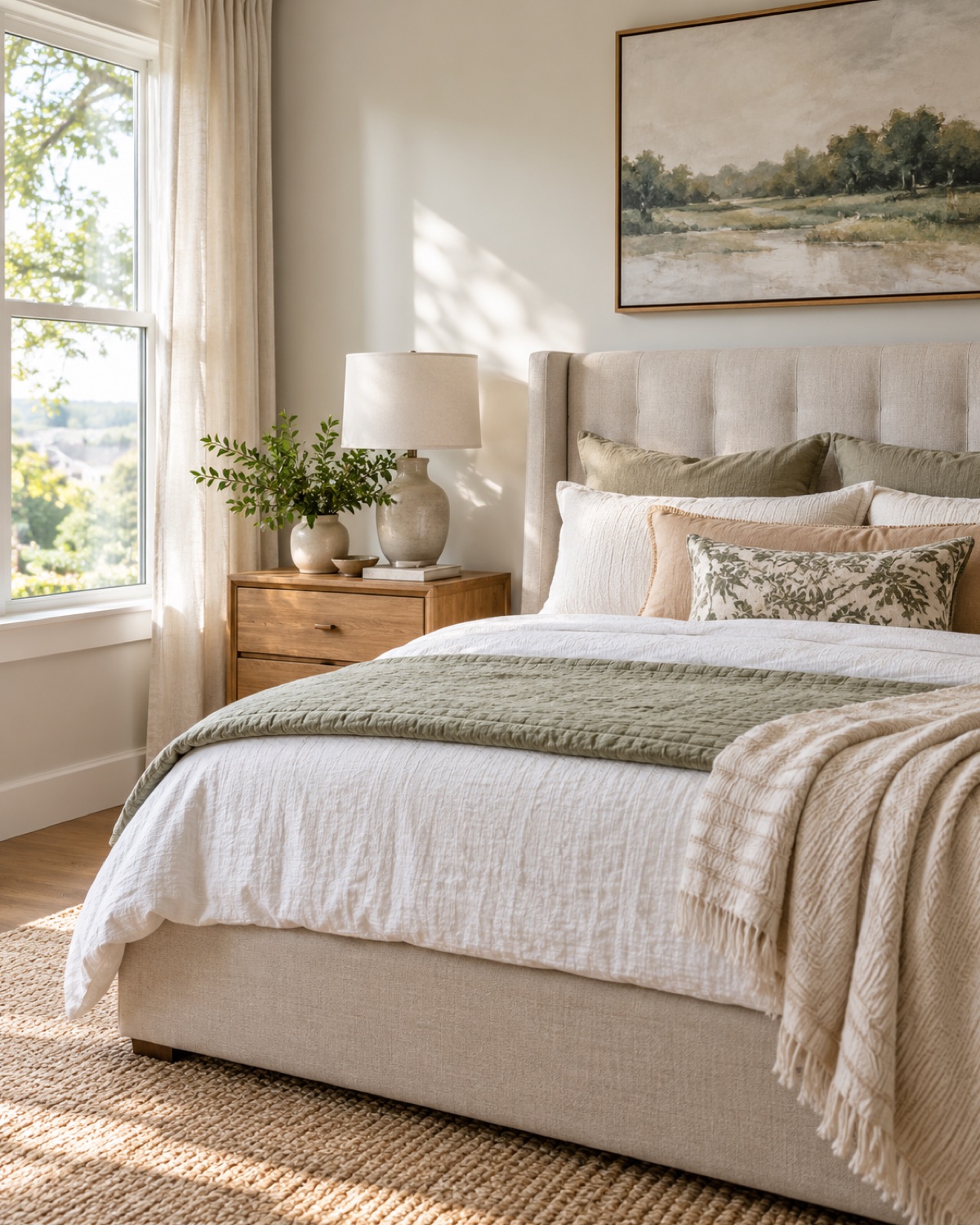 Freshly made bed in a bright family bedroom