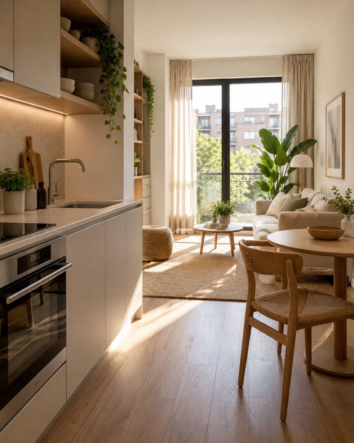 Clean apartment kitchen counter and compact living space