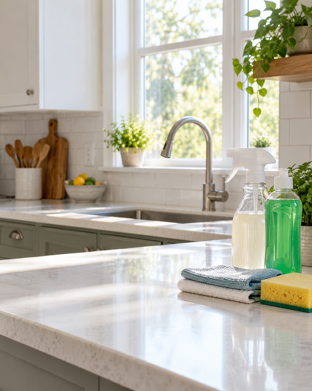 Clean family home kitchen counter with unbranded cleaning supplies