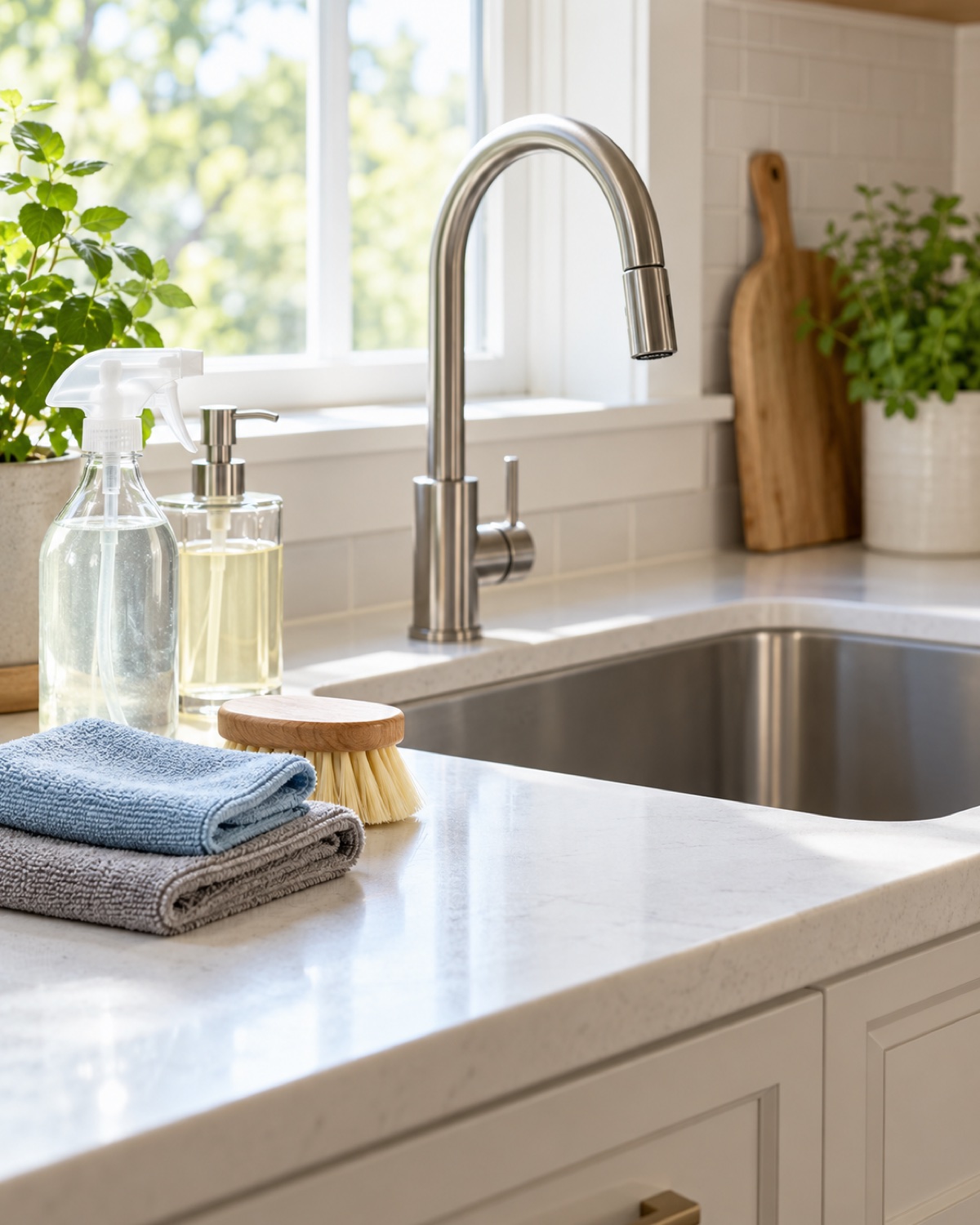 Unbranded cloths and cleaning supplies beside a tidy kitchen sink